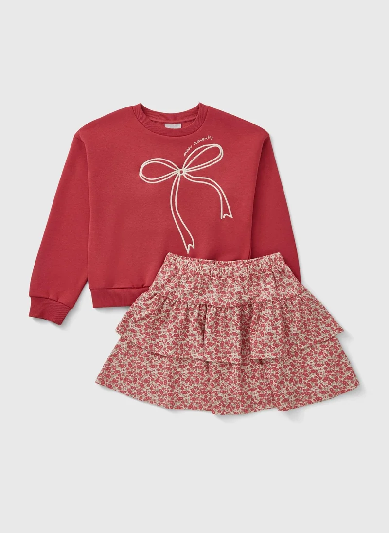 Girls Red Ditsy Bow Sweatshirt & Skirt Set